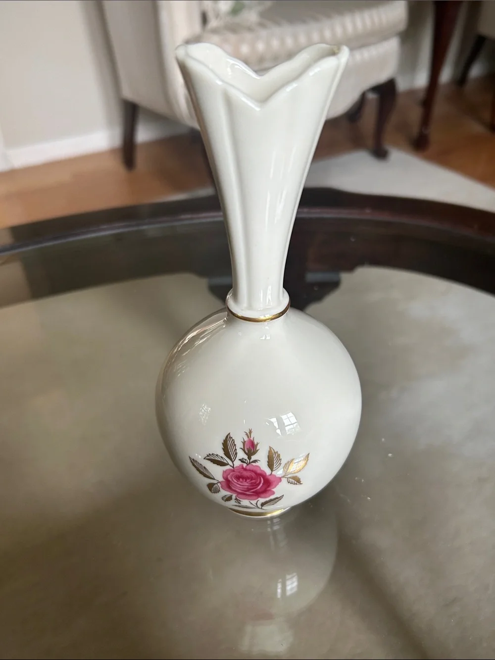 Lenox Cream Porcelain Bud Vase with Pink Rose and Gold Accents